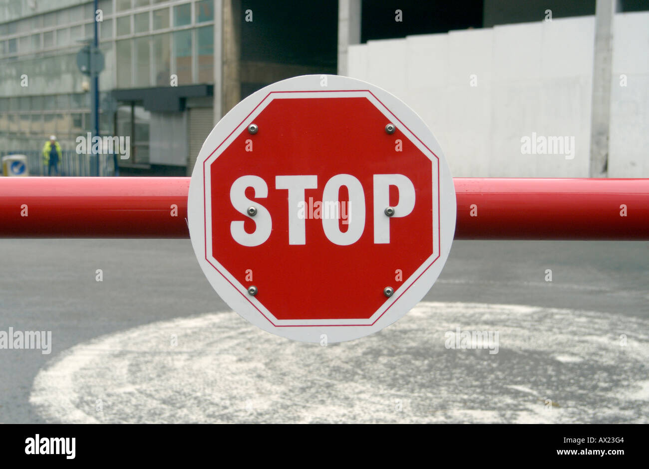 stop sign barrier on the exit from the building site of the new bullring in Birmingham as it was being built Stock Photo