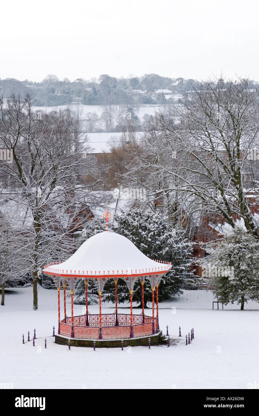 Bandstand covered in snow in the winter, in the Arboretum in Lincoln, Lincolnshire Stock Photo