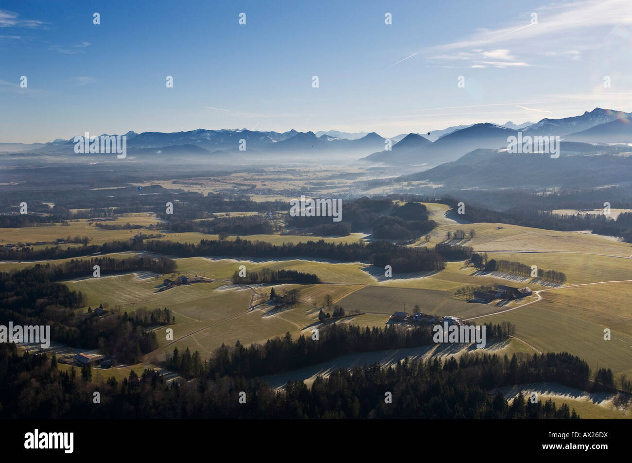 Aerial view during balloon flight, Mangfall valley, Mangfall Alps, Chiemgau Alps, Upper Bavaria, Bavaria, Germany Stock Photo