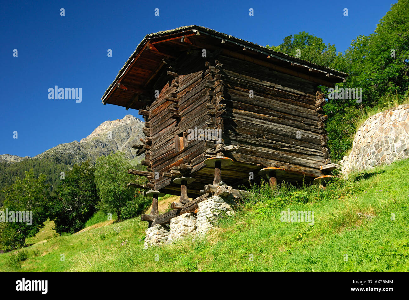 Heustadl, traditional storage facility in the Alps, Grimentz, Valais, Switzerland Stock Photo