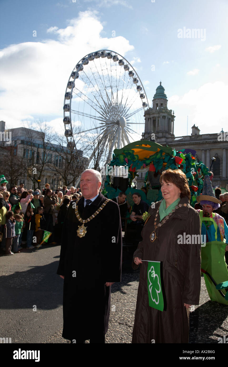 ulster unionist belfast lord mayor jim rodgers and sdlp deputy lord mayor bernie kelly leading the parade carnival st patricks Stock Photo