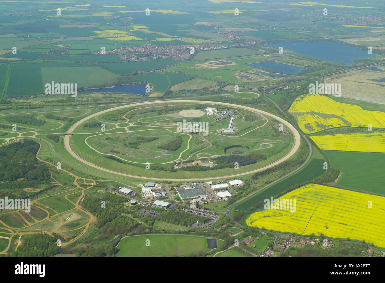 Aerial view of the Millbrook Vehicle Proving Ground in Bedfordshire showing the high speed test track & the mile straight track Stock Photo