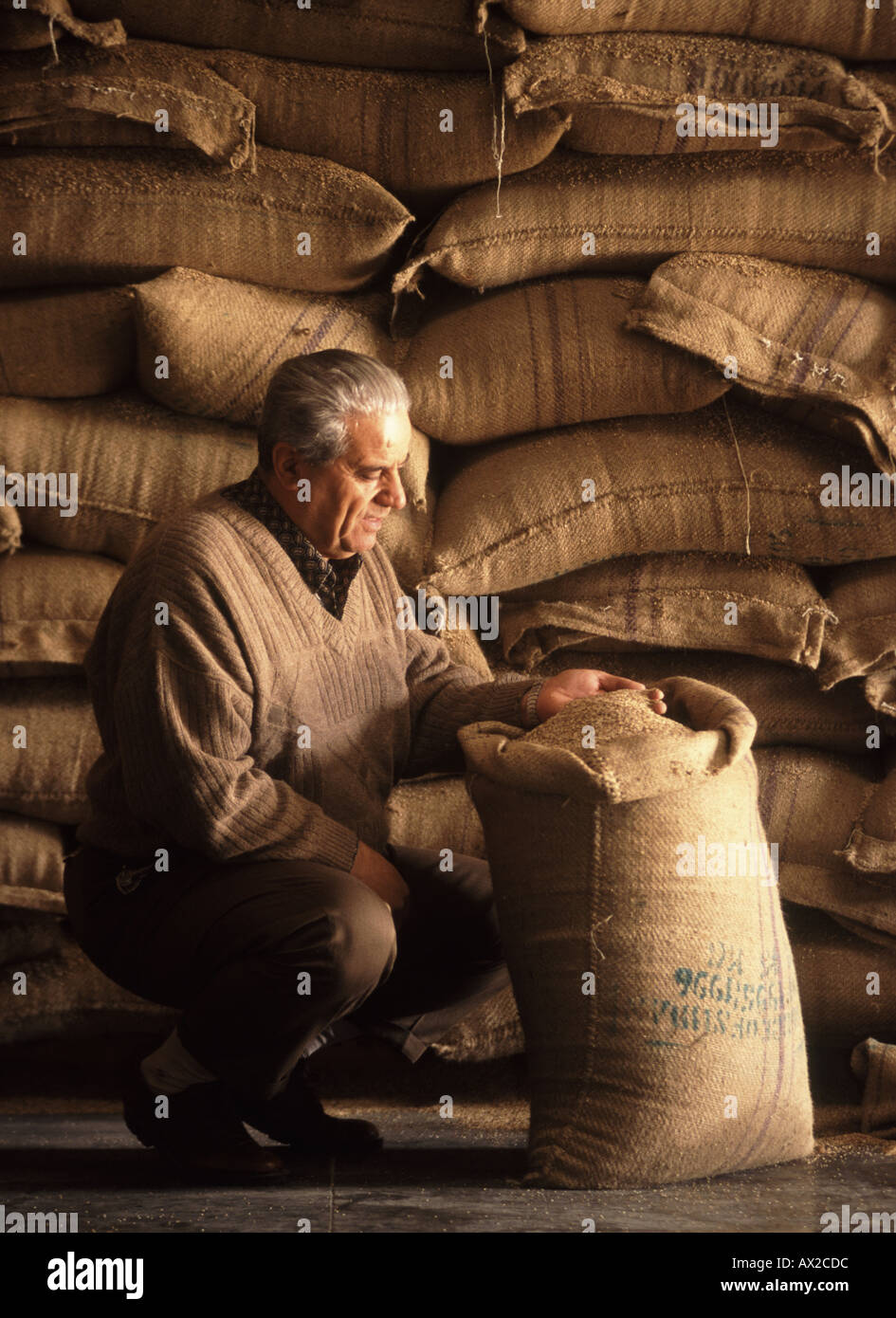 man examining sesame seeds in Riyadh Saudia Arabia factory warehouse