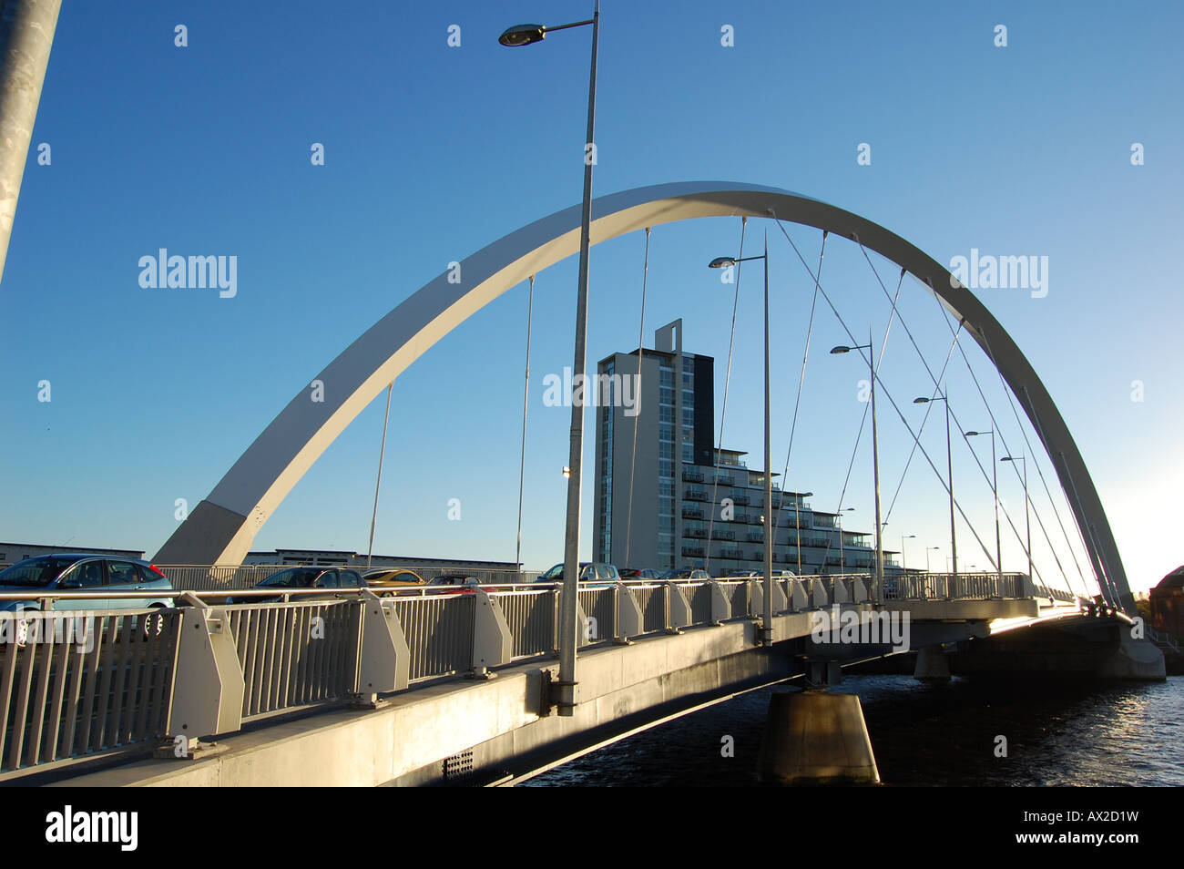 Landmark Arc bridge over the River Clyde in Glasgow Stock Photo