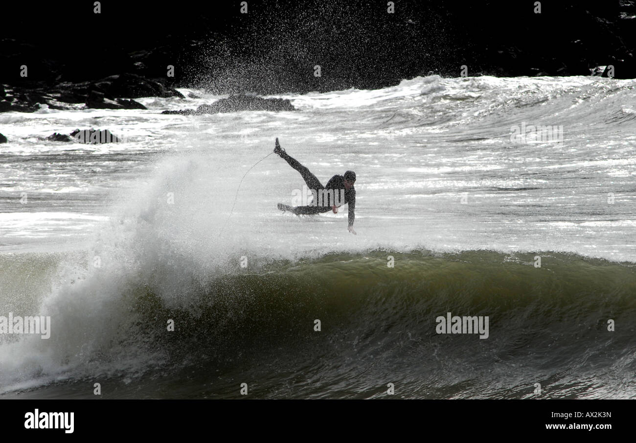 A WINTER SURFER CRASHES INTO WAVES AS HE TRYS TO RIDE THE SURF IN CHALLABOROUGH BAY,DEVON,ENGLAND.UK Stock Photo
