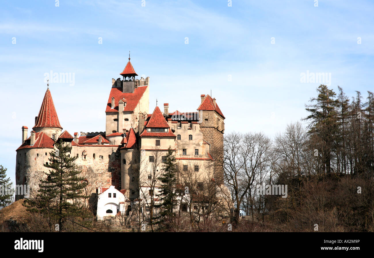 Full view of The Bran Castle in ROMANIA believed to be visited by Vlad the Impaler known as the legendary 'Dracula'. Stock Photo