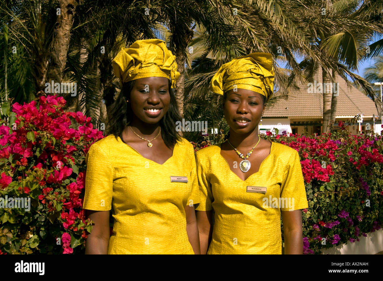 Travel, Senegal, Dakar, Two local young women in national dress, Stock Photo