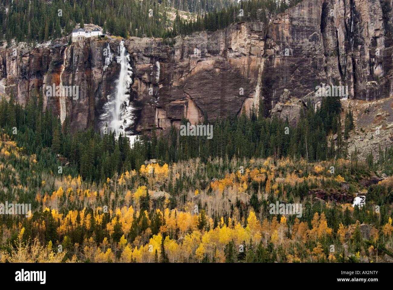 Bridal Veil Falls and the old Smuggler Union Hydroelectric Plant Telluride Colorado Stock Photo