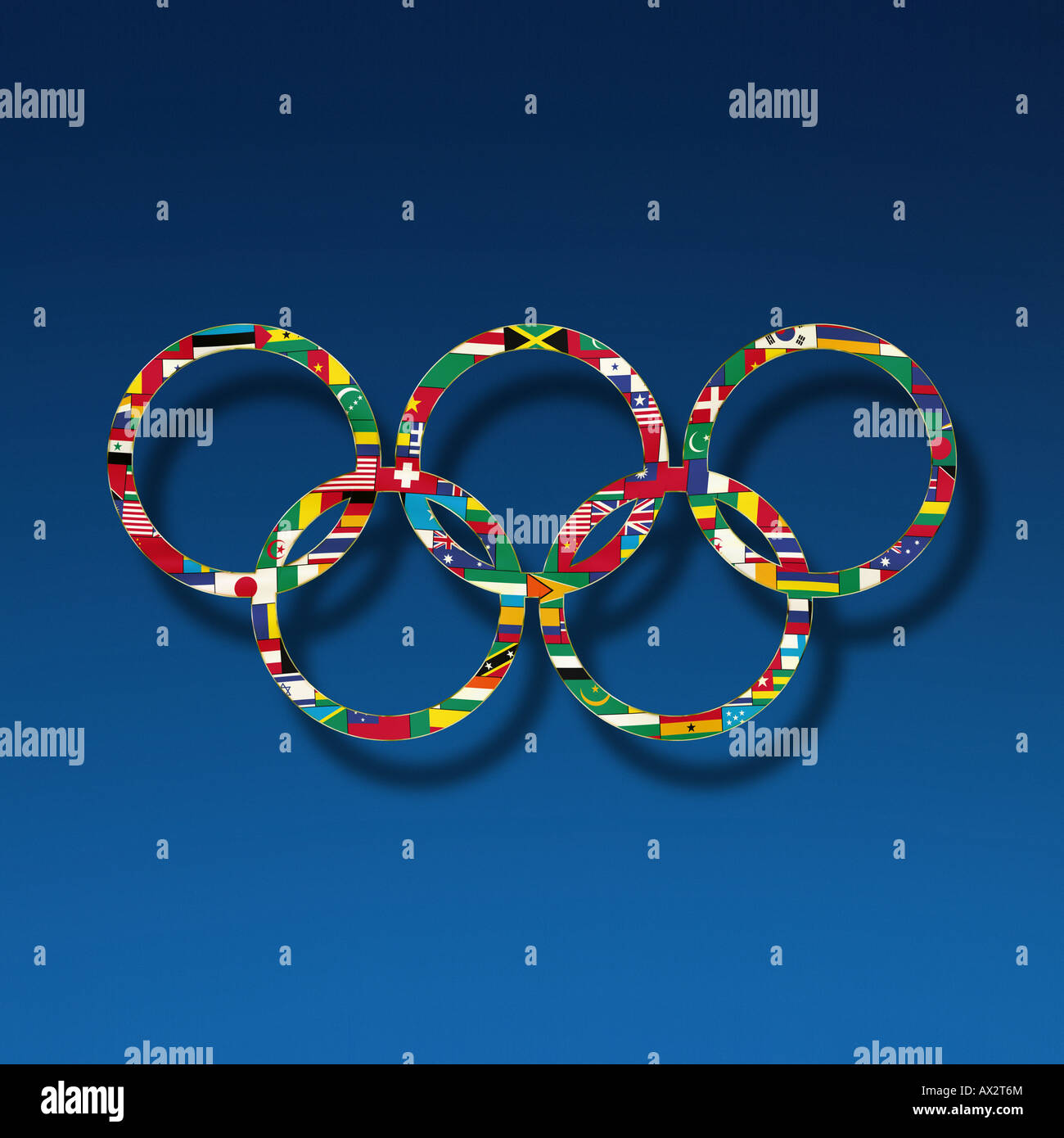 Flag pattern filled olympic rings against a nice blue gradated background Stock Photo