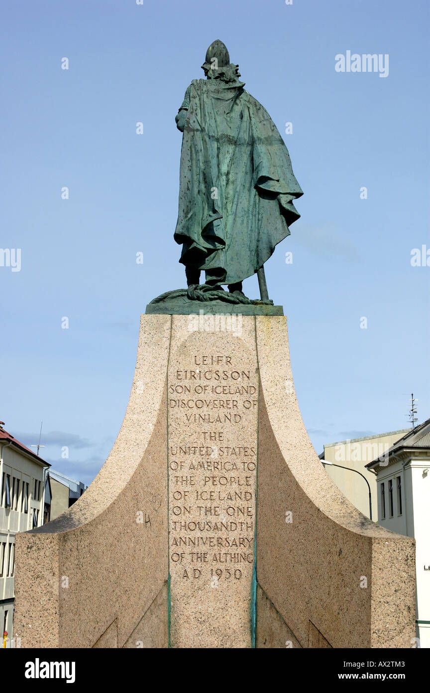 Statue of Leif Ericson at Hallgrimskirkja church Reykjavik Iceland Stock Photo