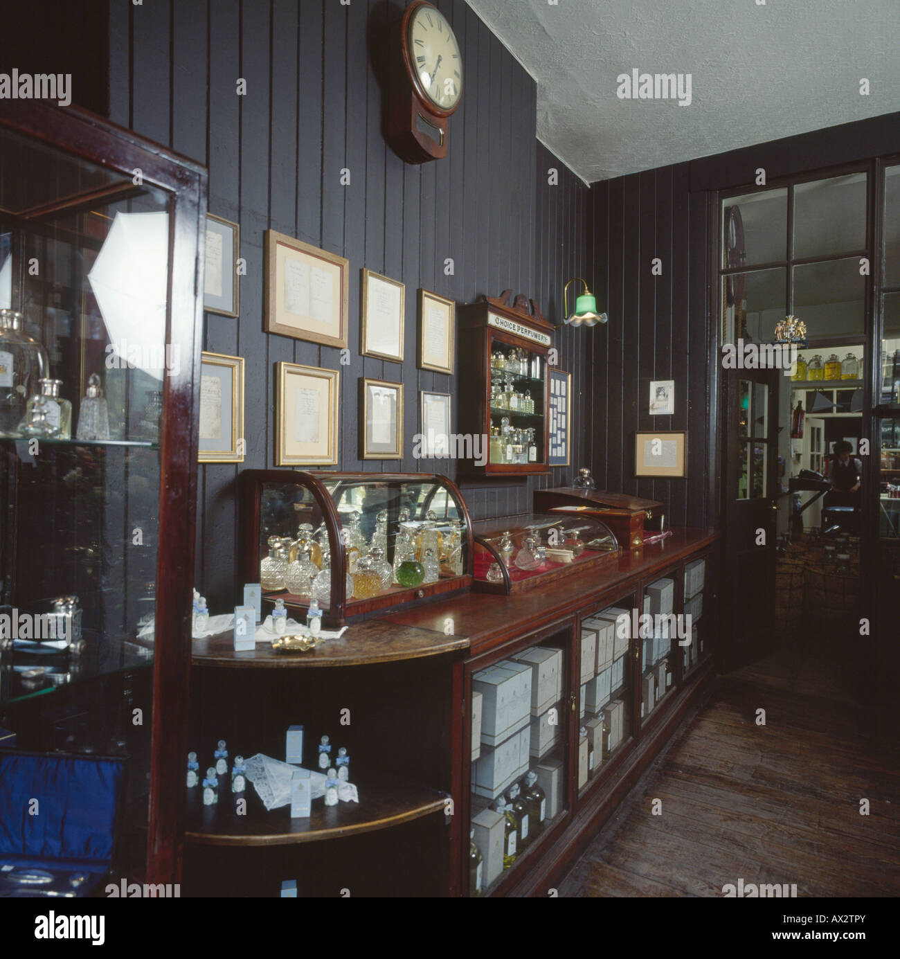 Inside Penhaligons perfume shop in Covent Garden with mahogany display