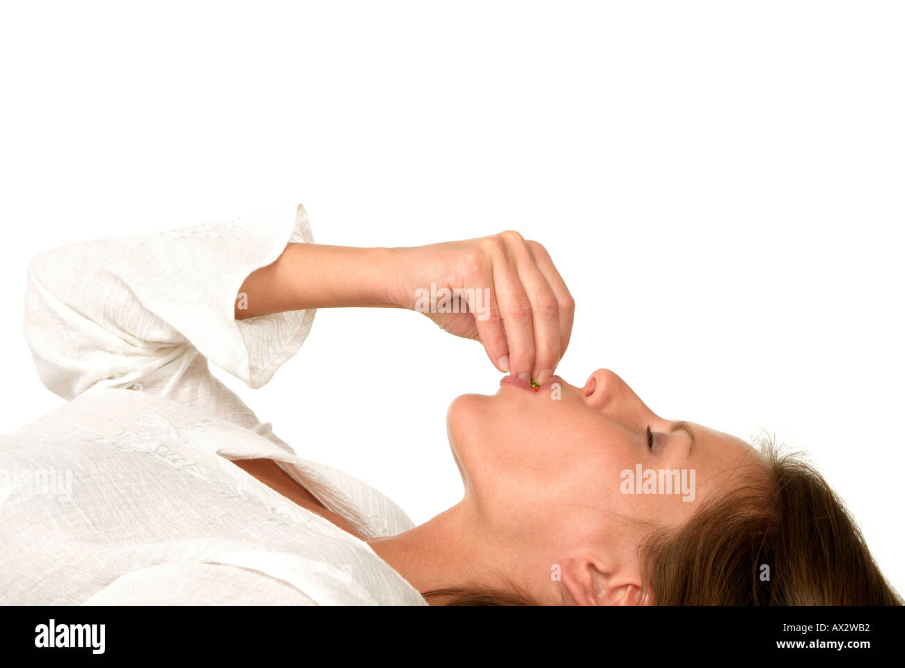 wellfood health young woman with exotic fruit vitality Stock Photo