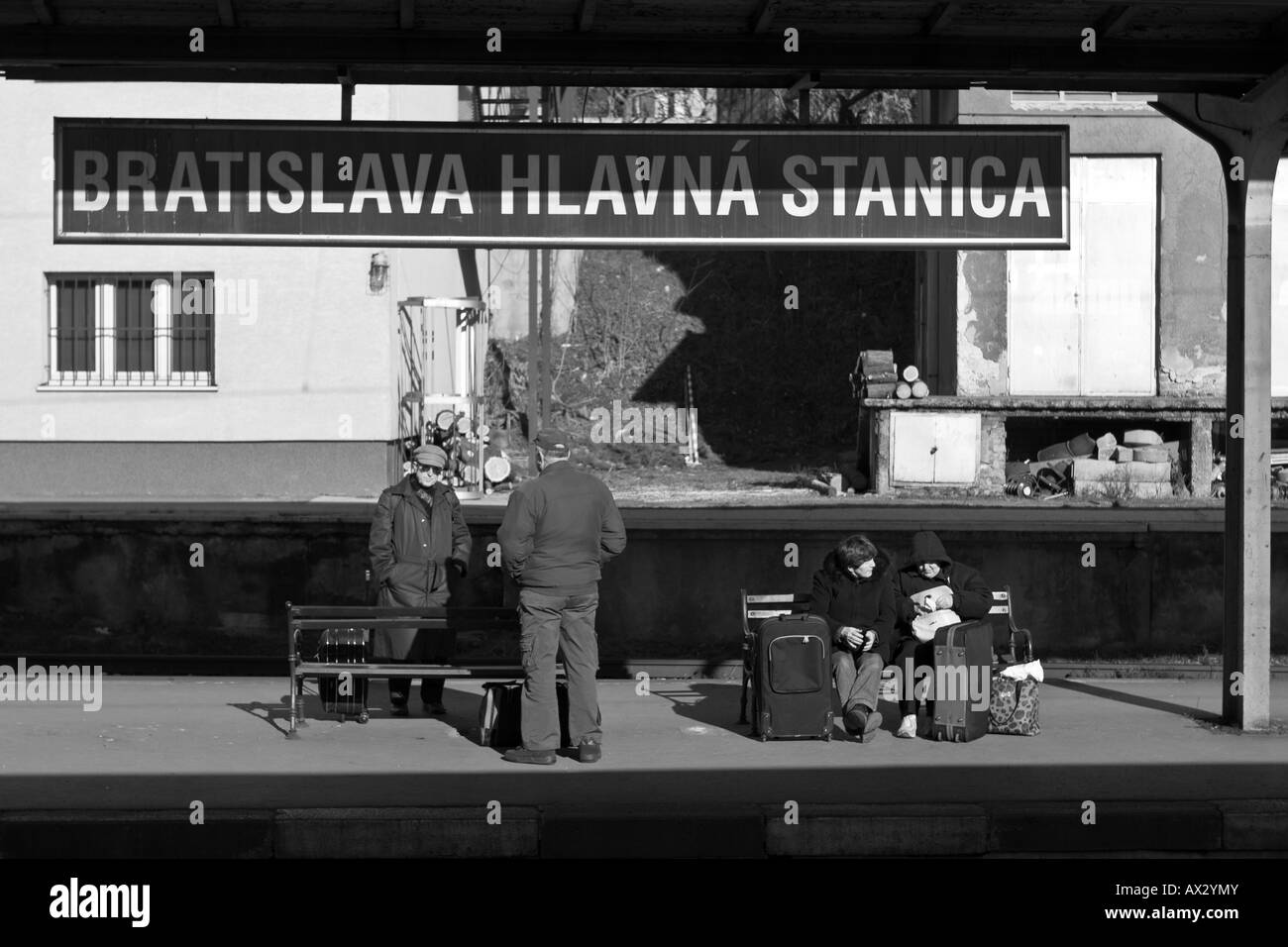 Old passengers waiting train in Bratislava Station, Hlavna Stanica. Stock Photo