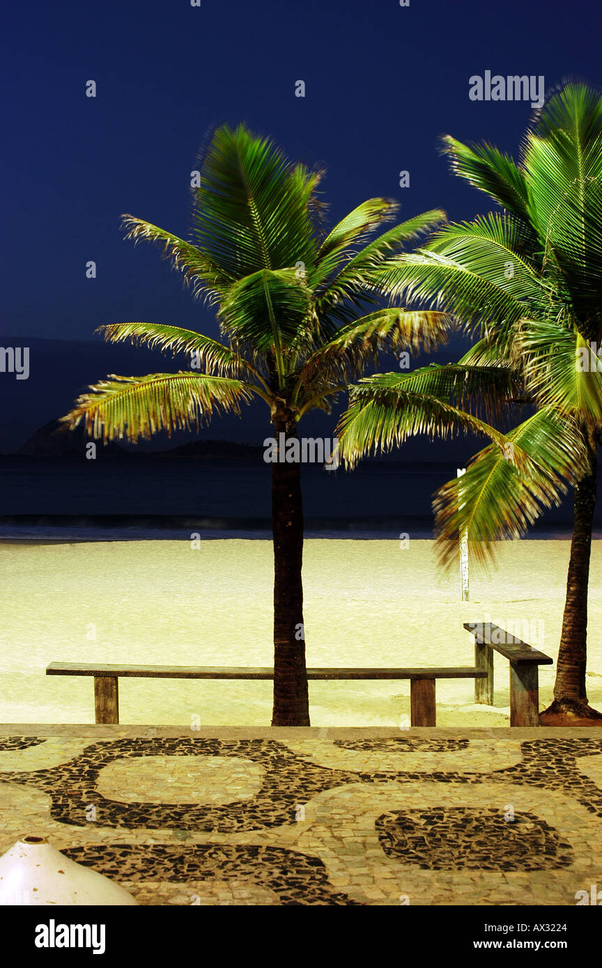 Palm tree bench and typical beachfront mosaic sidewalk at night Ipanema