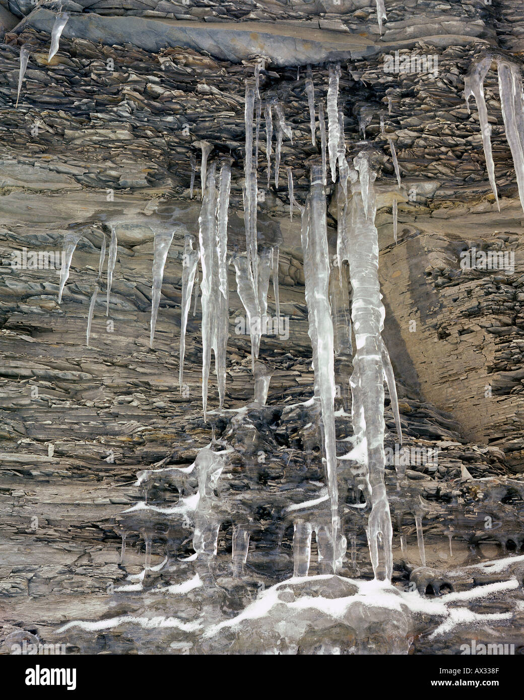 Icicles on Shale Cliff Face Upstate New York Stock Photo