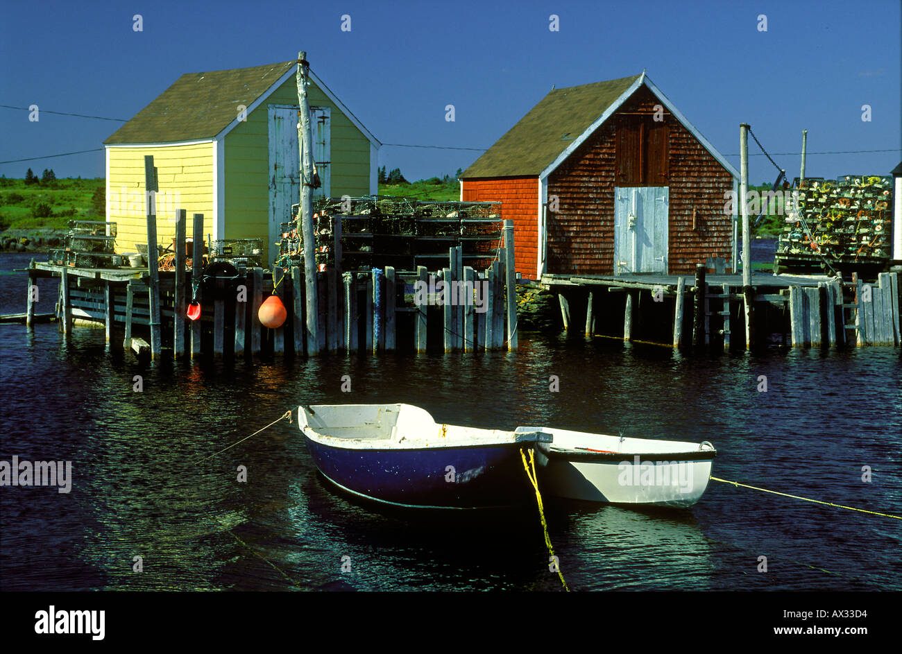 Dories and Fishing Shanties Blue Rocks Nova Scotia Canada Stock Photo