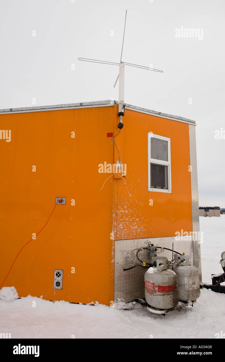 AN ICE FISHING HOUSE EQUIPED WITH TELEVISION ANTENNA LEECH LAKE