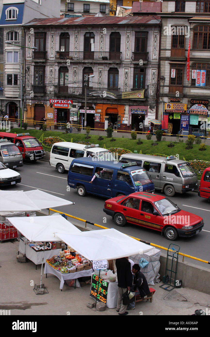 A busy city street in Bolivia's highland capital La Paz. Stock Photo