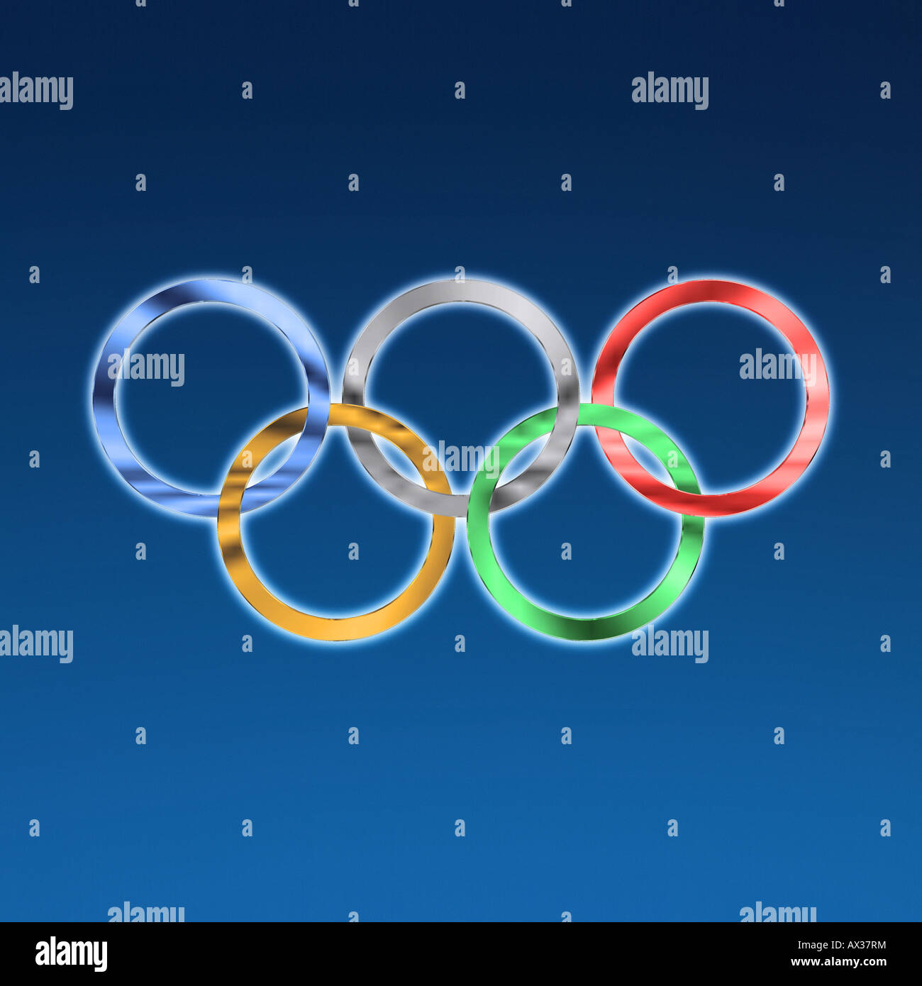 Olympic rings surrounded by glowing edges against deep blue gradated background Stock Photo