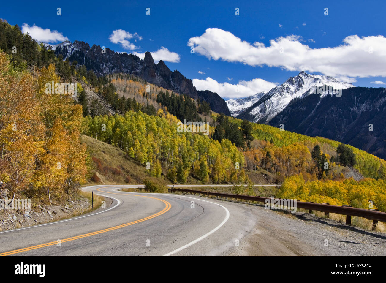 Highway 145 and View of Snow Covered Yellow Mountain with Ophir Needles ...