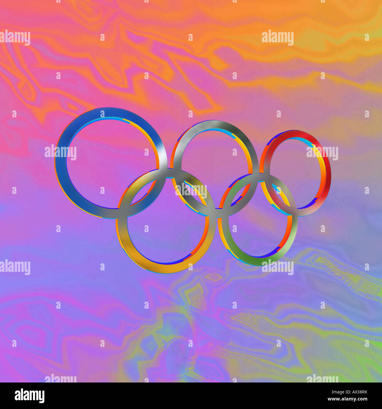 Artistic interpretation of the five olympic rings against a colorful abstract background Stock