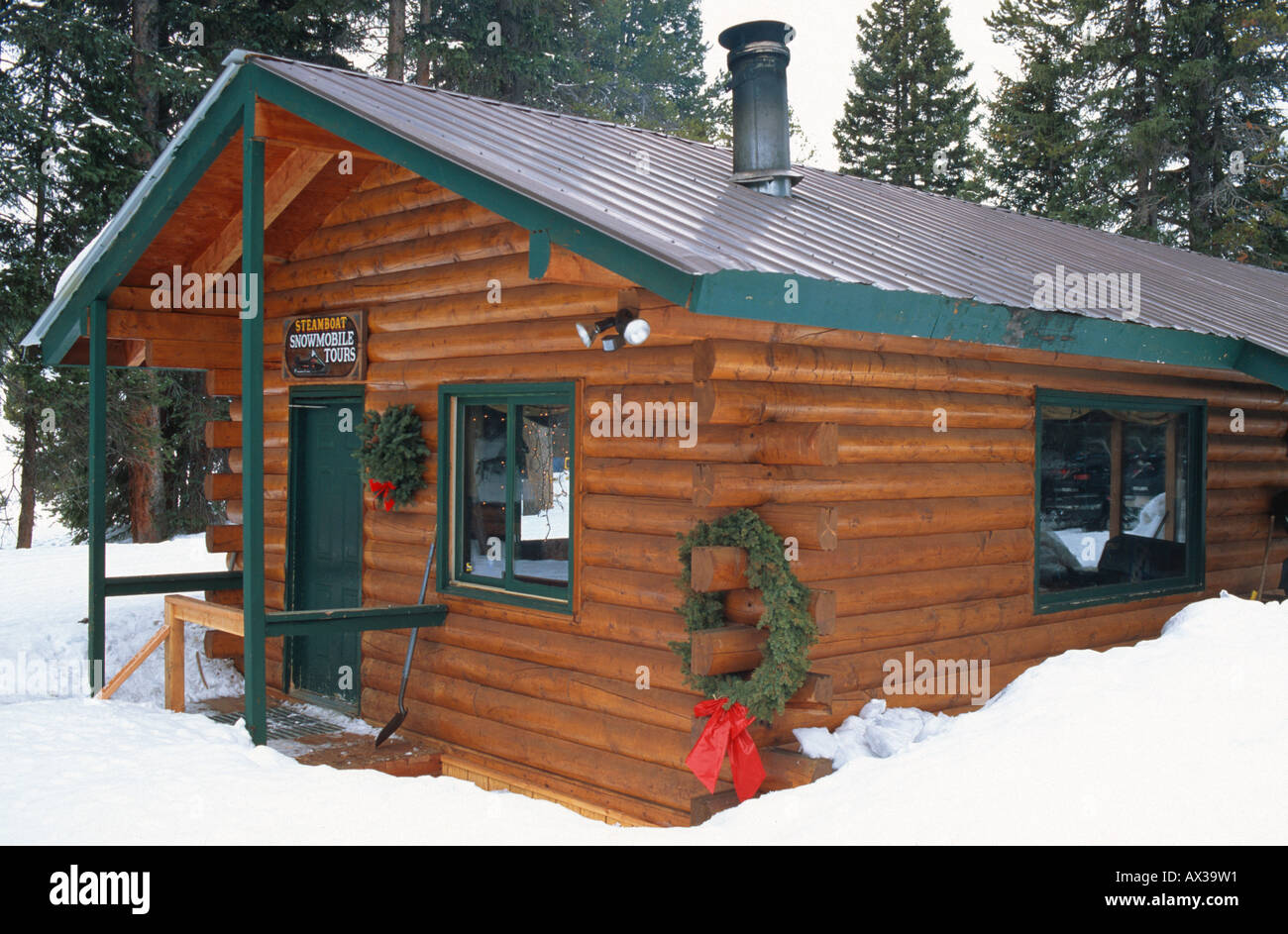 Log Cabin In Forest In Winter Steamboat Springs Co Usa Stock Photo