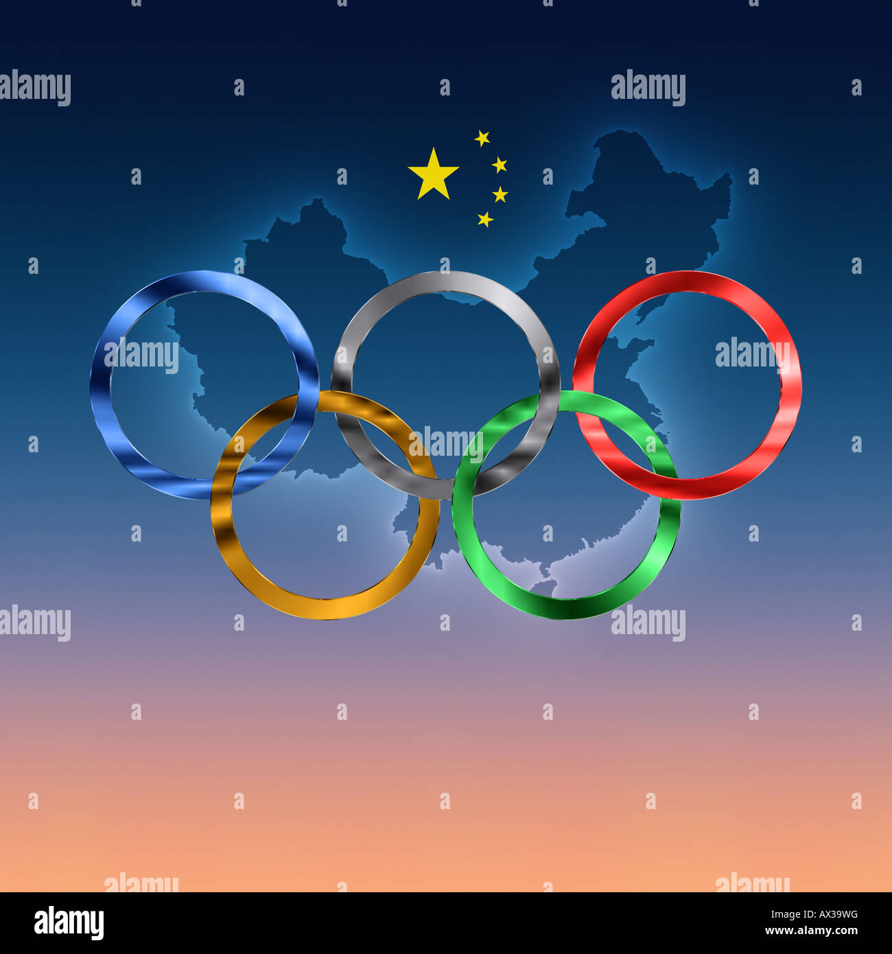 Olympic rings against dusk like background including subtle outlines of ...