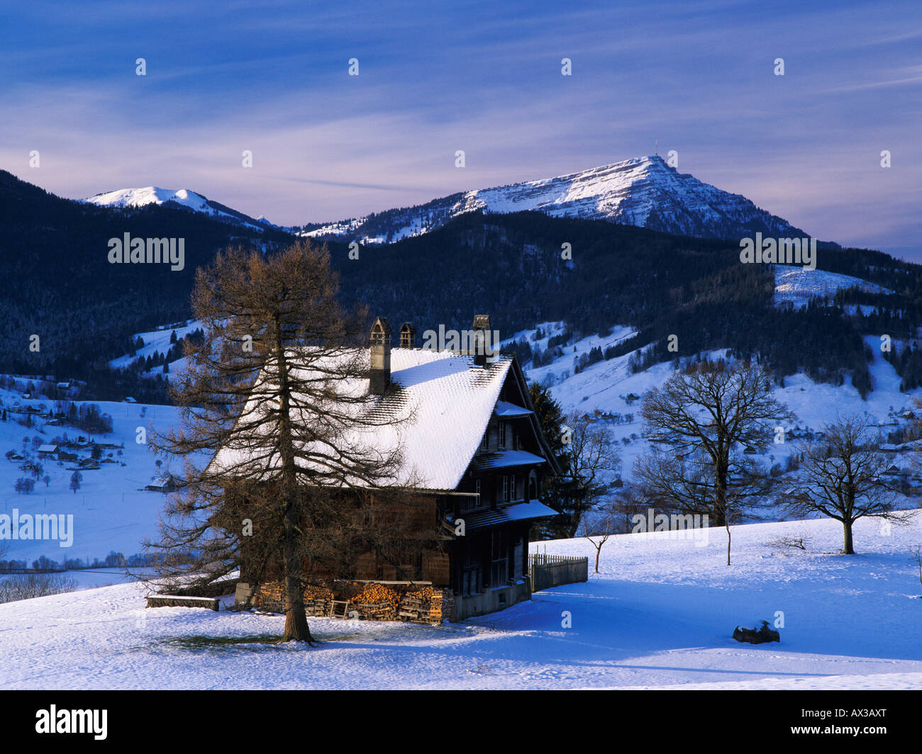 Farm house and Mount Rigi and Pilatus Oberaegeri Zug Switzerland Stock