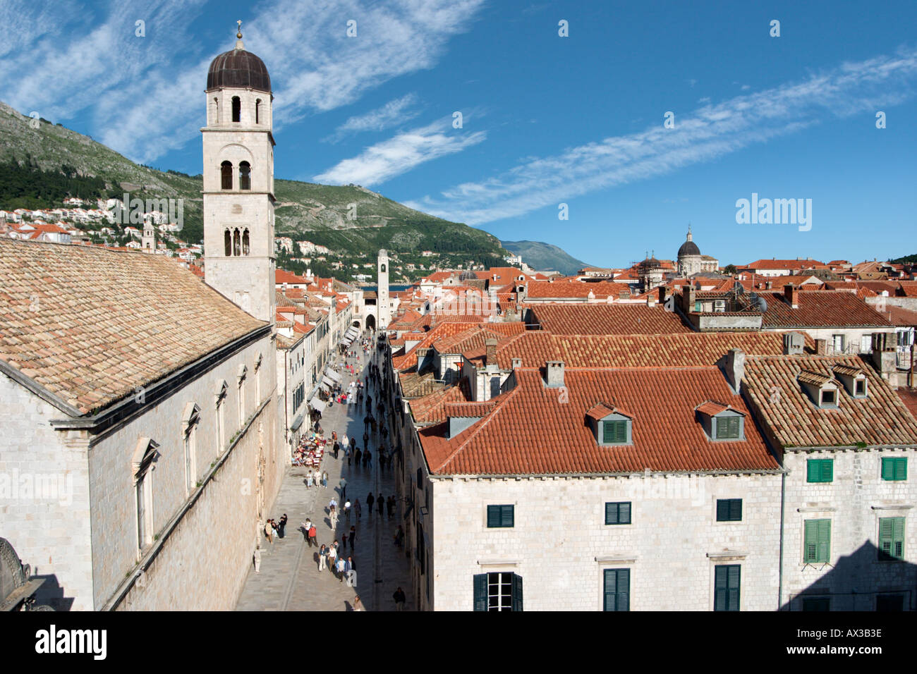 Placa Stradun (the Main Street) viewed from the City Walls, Old Town, Dubrovnik, Dalmatian Coast, Croatia Stock Photo