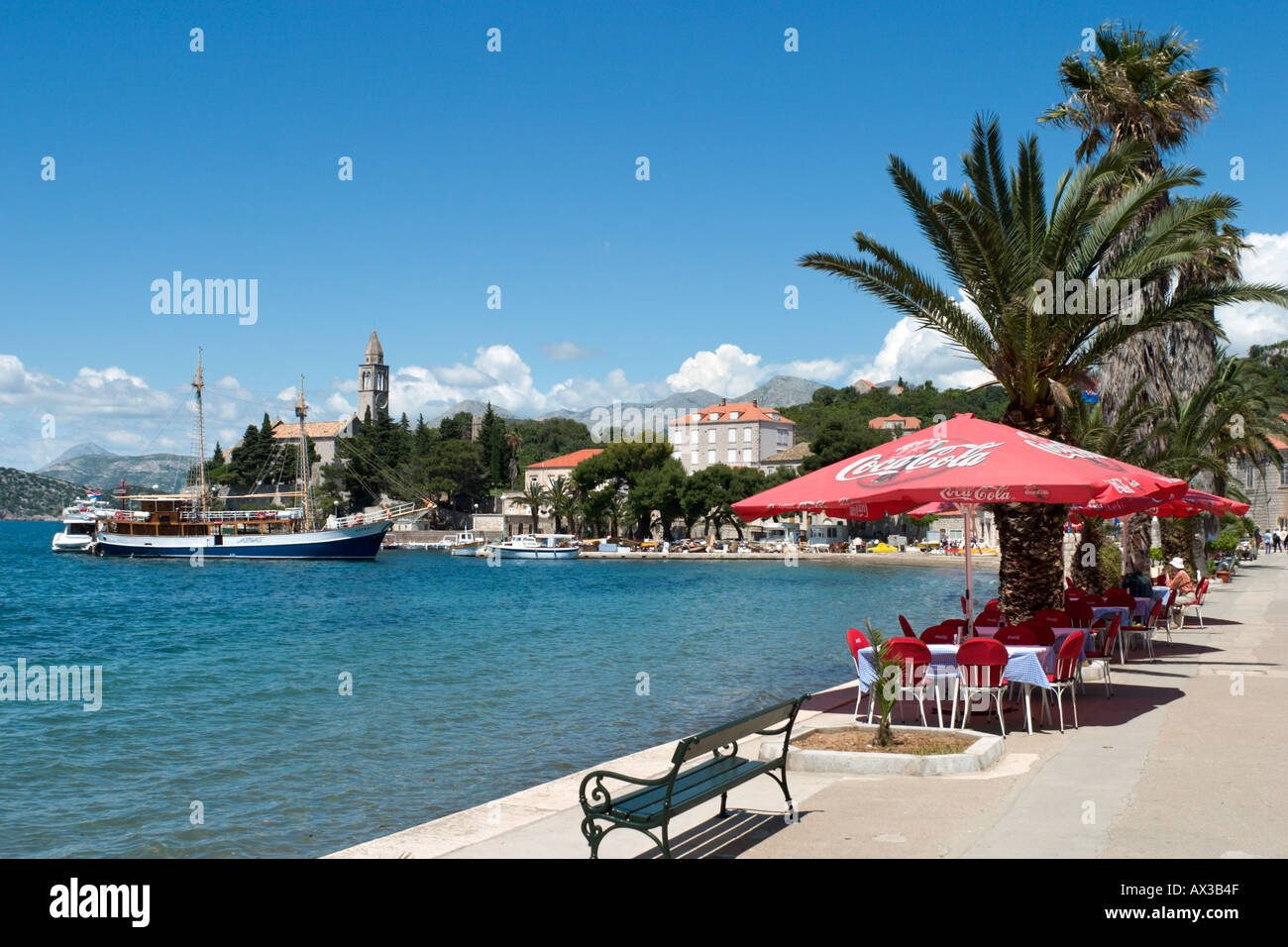 Seafront cafe in Lopud, Elaphite Islands (Elaphites), Dubrovnik Riviera, Dalmatian Coast, Croatia Stock Photo
