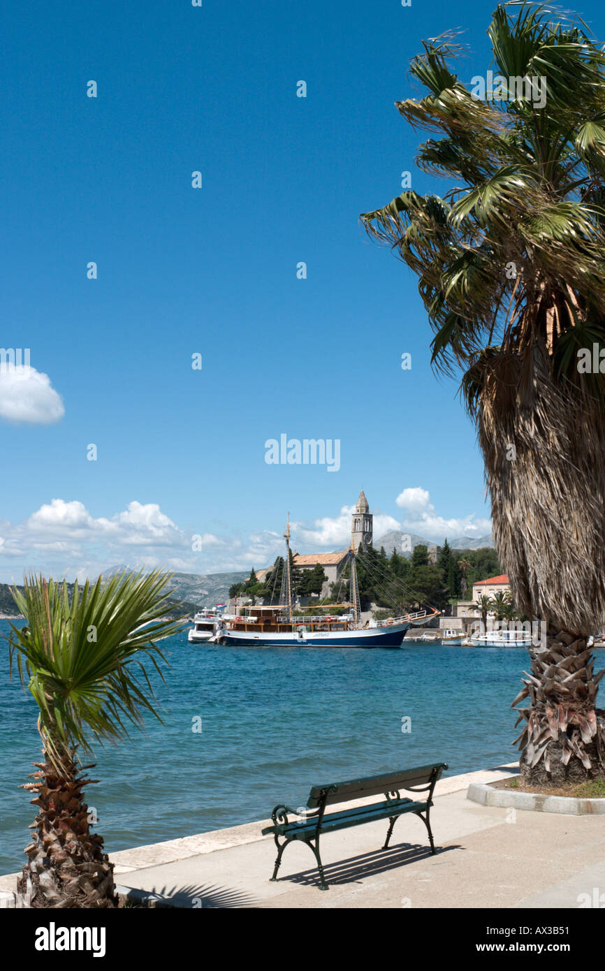 Seafront in Lopud, Elaphite Islands (Elaphites), Dubrovnik Riviera, Dalmatian Coast, Croatia Stock Photo