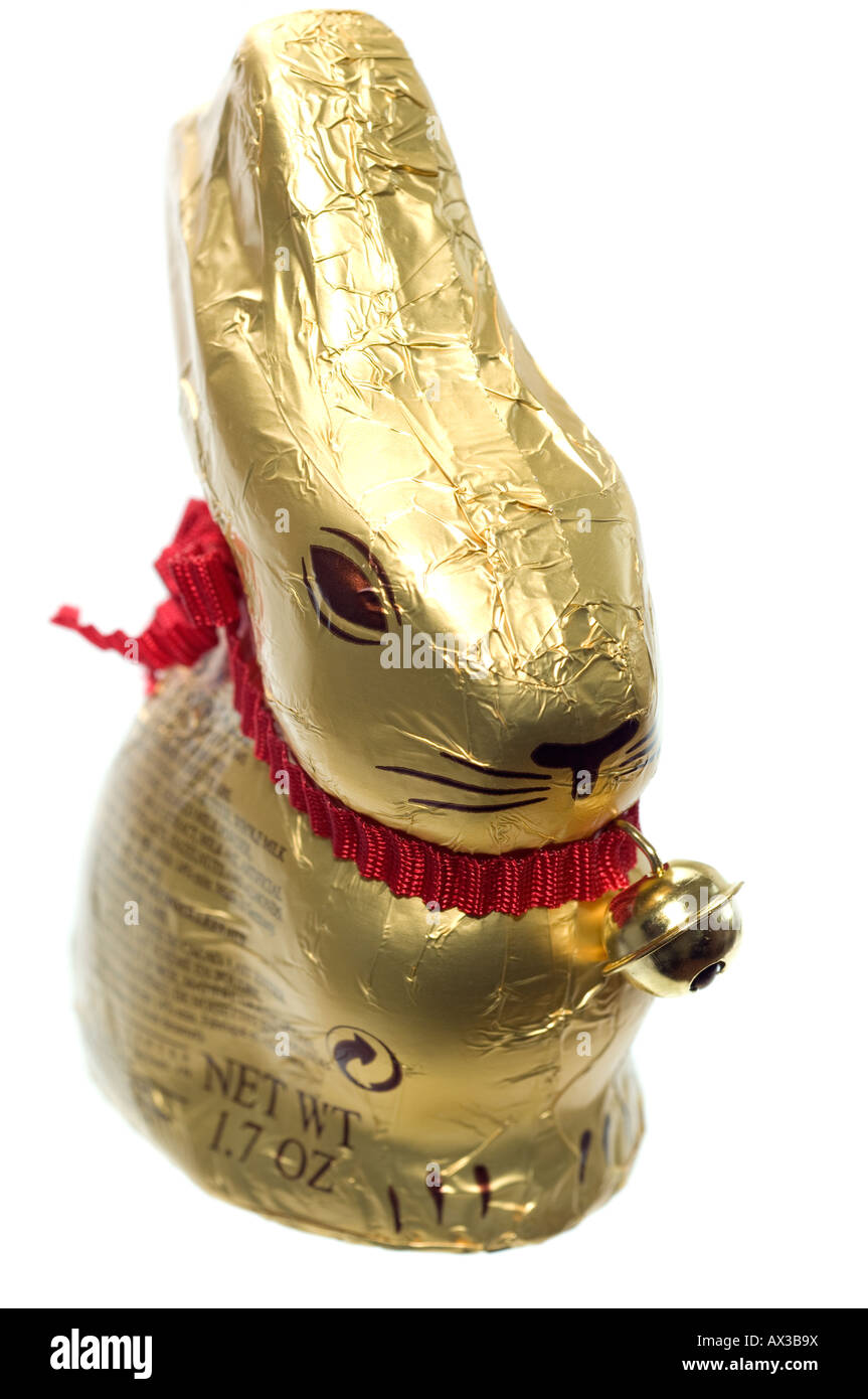 Gold foiled wrapped Easter chocolate bunny Stock Photo
