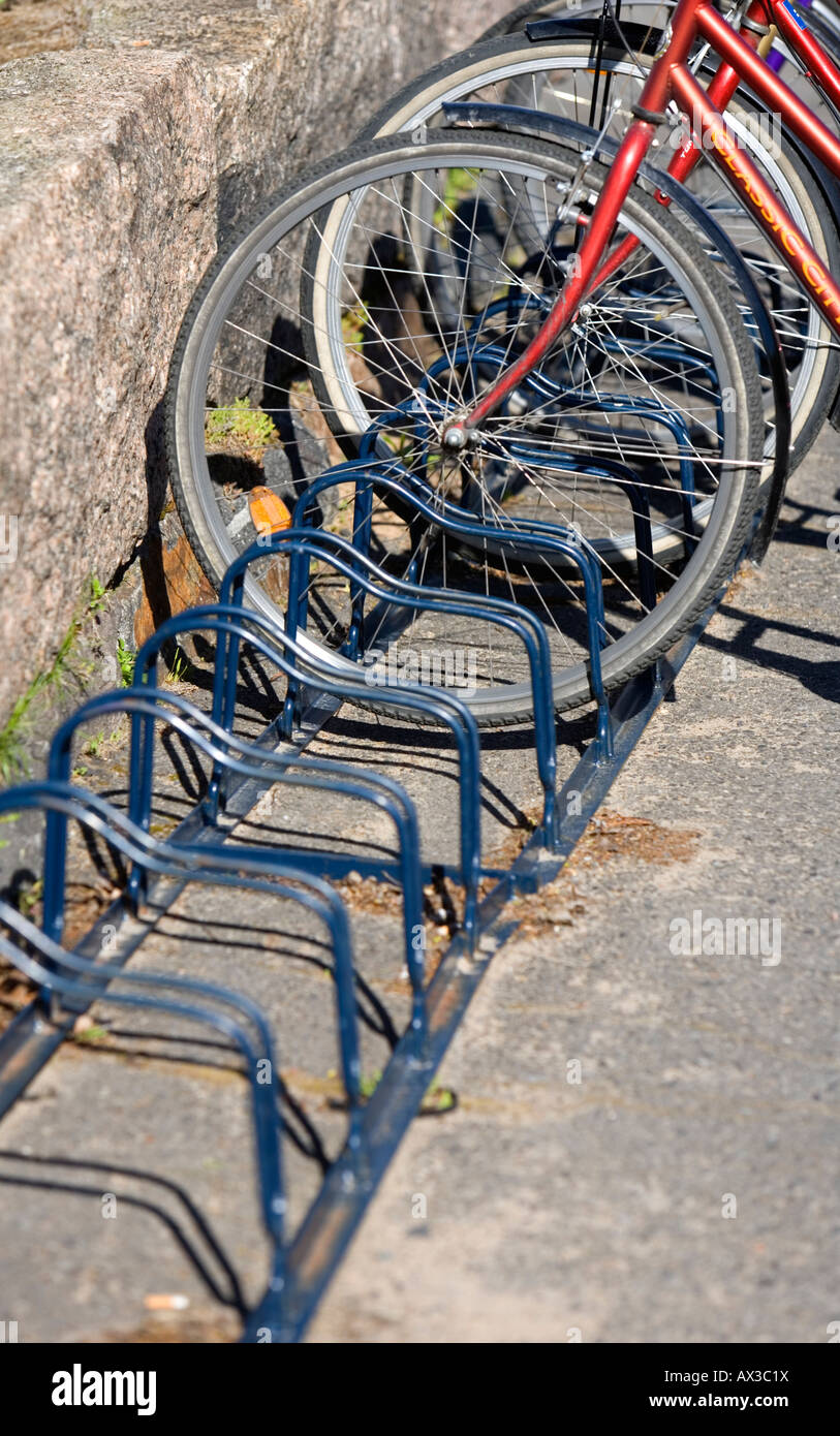 Closeup of a bike rack , Finland Stock Photo