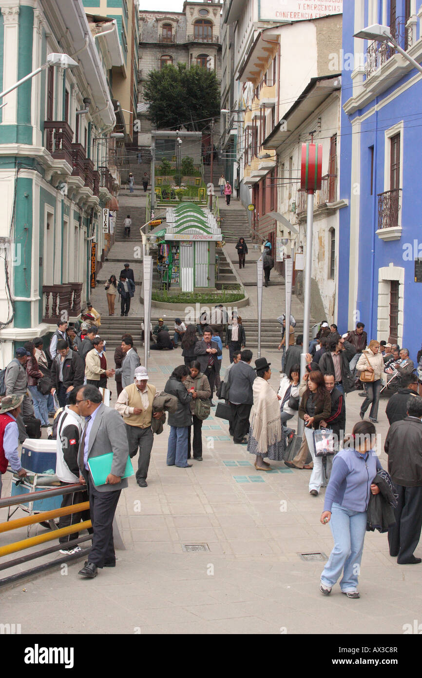 A busy city street filled with pedestrians in Bolivia's highland capital of La Paz. Stock Photo