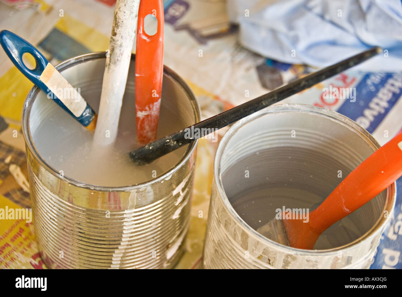 Paintbrushes soak in water cans Stock Photo Alamy