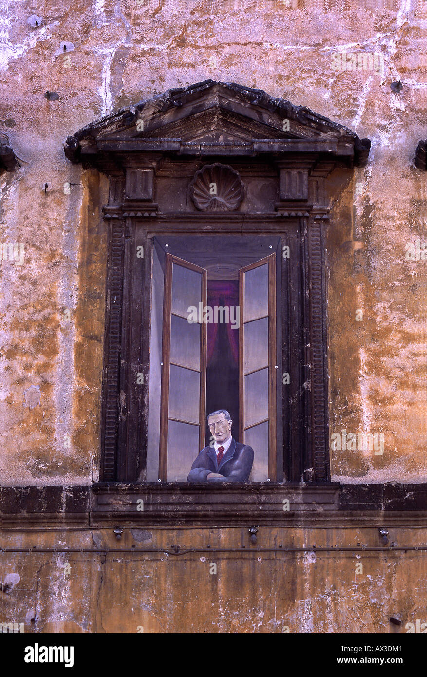 Trompe l'oiel painting in window, Spoleto, Italy Stock Photo