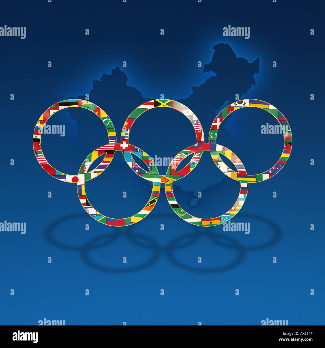 Flag pattern filled olympic rings against a nice blue gradated background including subtle outline of China Stock Photo