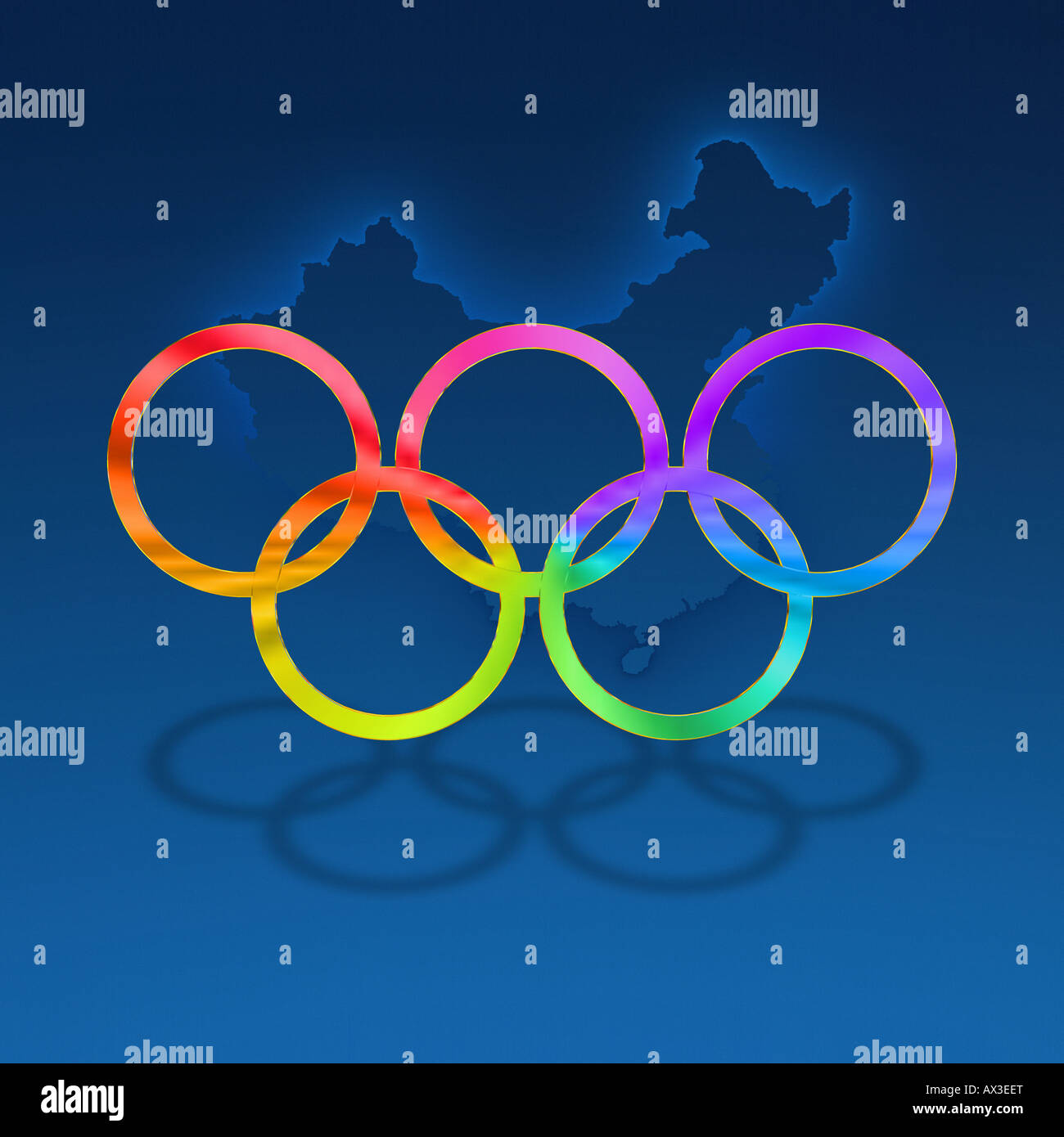 Olympic rings in bright colors against a nice blue gradated background including subtle outline of China Stock Photo