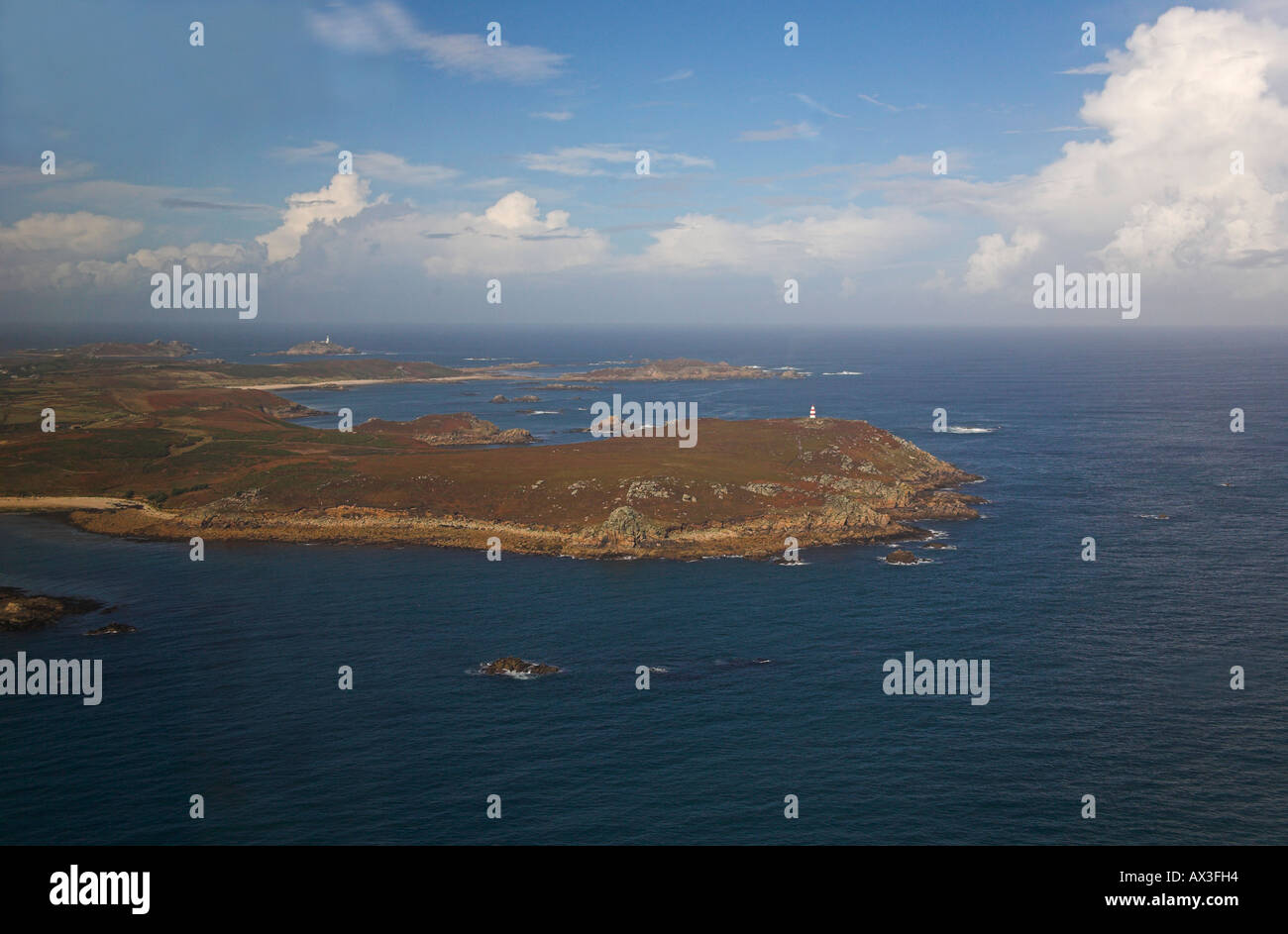 Aerial view from above Isles of Scilly helicopter St Martin's Martins day mark Cornwall England  Britain island coast Scillies Stock Photo