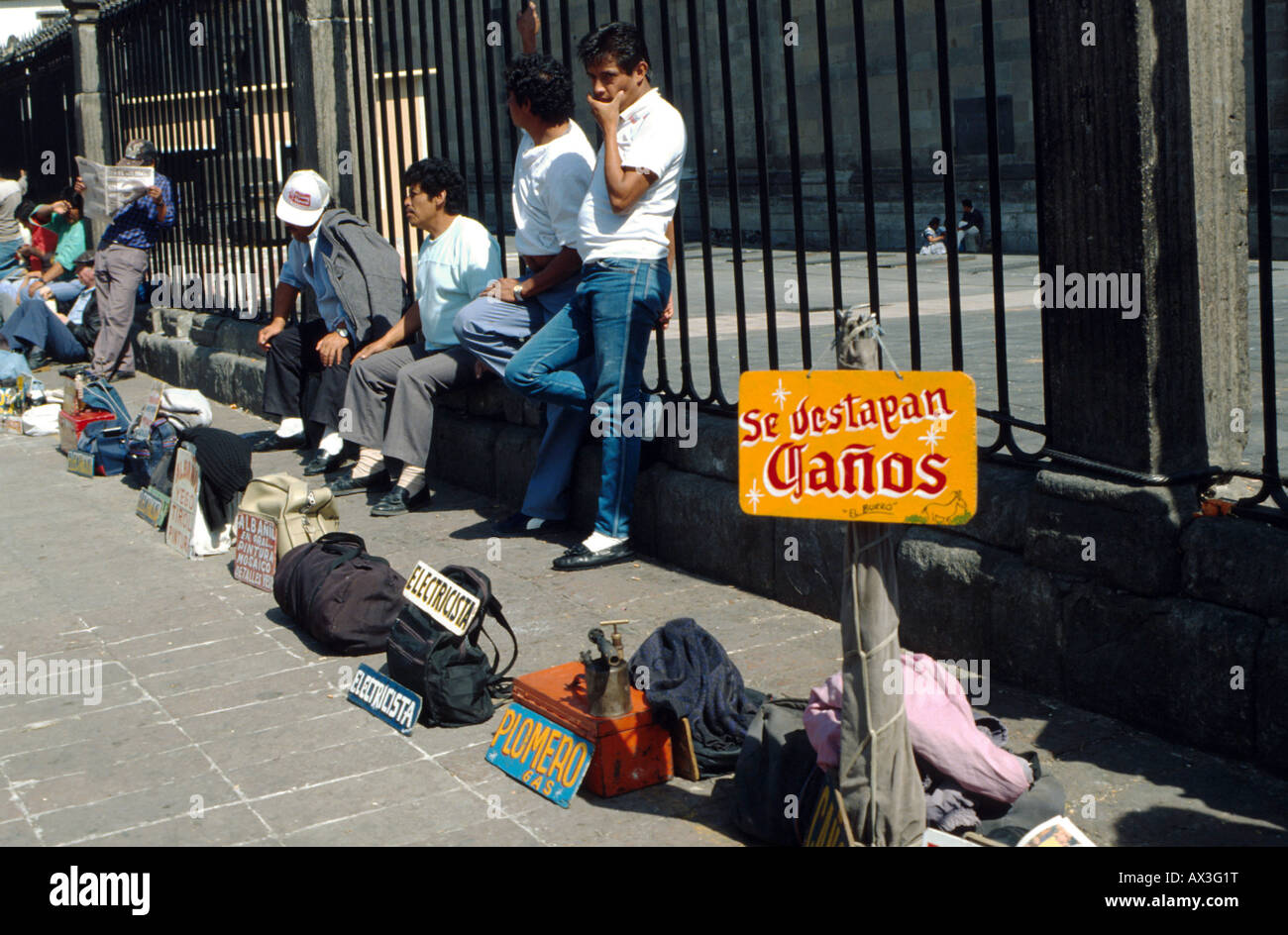 MEXICO UNEMPLOYED WORKERS ADVERTISING THEIR SKILLS IN A SQUARE MEXICO CITY Photo Julio Etchart Stock Photo