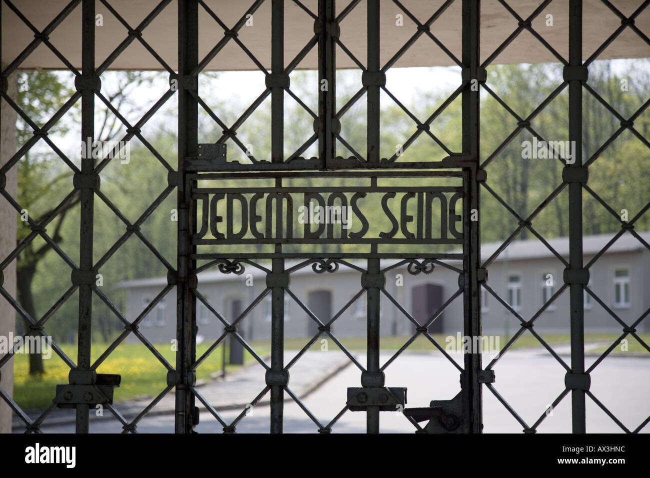 Camp Gate with inscription 'To Each His Own' Jedem das Seine, The Gate Building, Buchenwald Concentration Camp Museum Memorial, Stock Photo