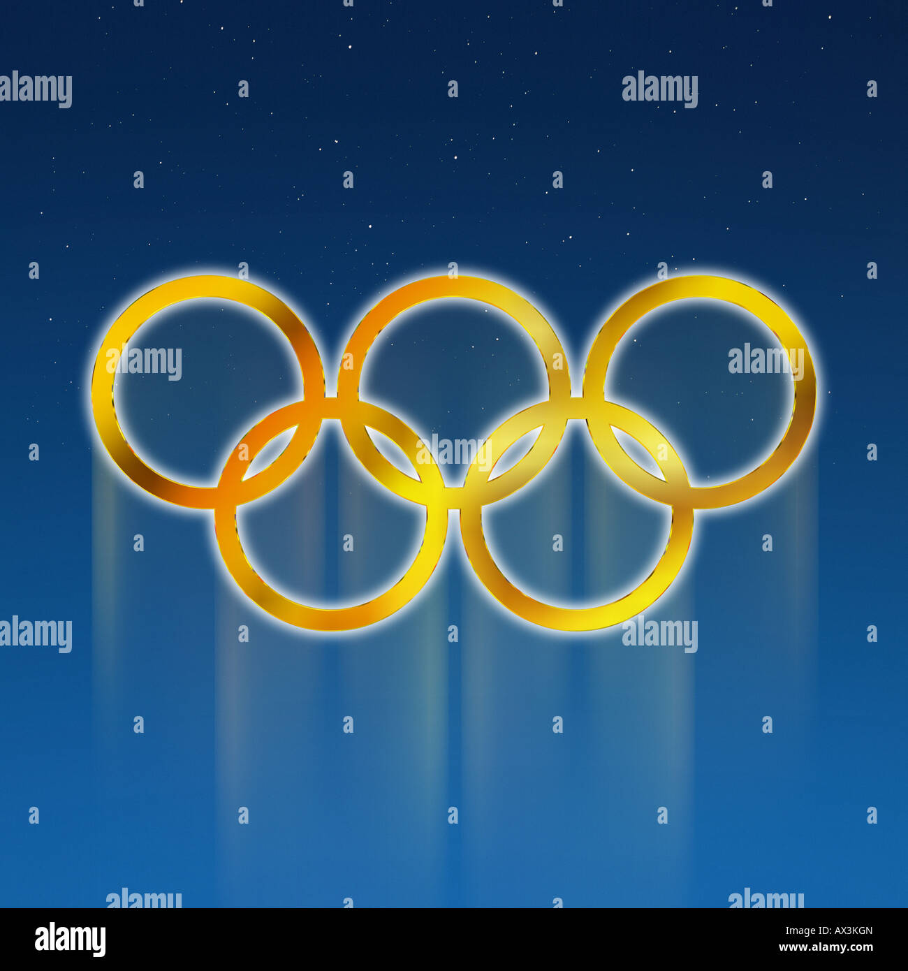 Golden olympic rings against deep blue gradated background Stock Photo