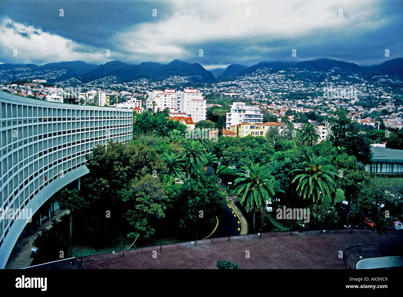 Madeira Funchal, View across Funchal, featuring the Carlton Park Hotel built designed on stilts to allow views Stock Photo