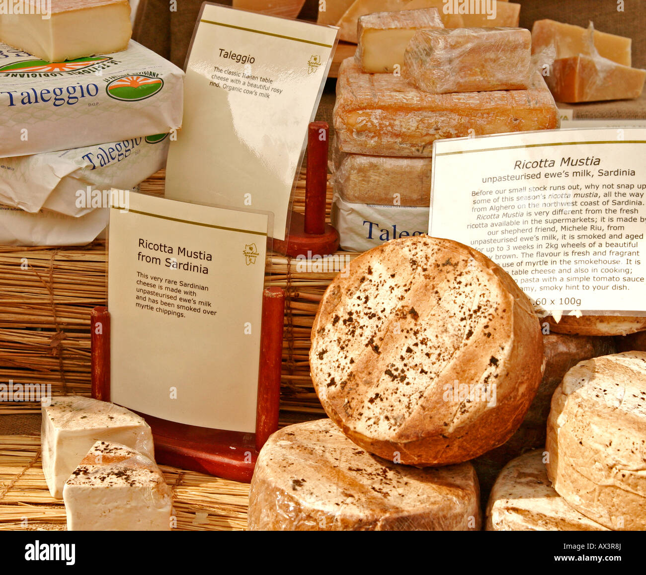 Market stall display of Taleggio and Ricotta cheeses from Sardina Italy Stock Photo