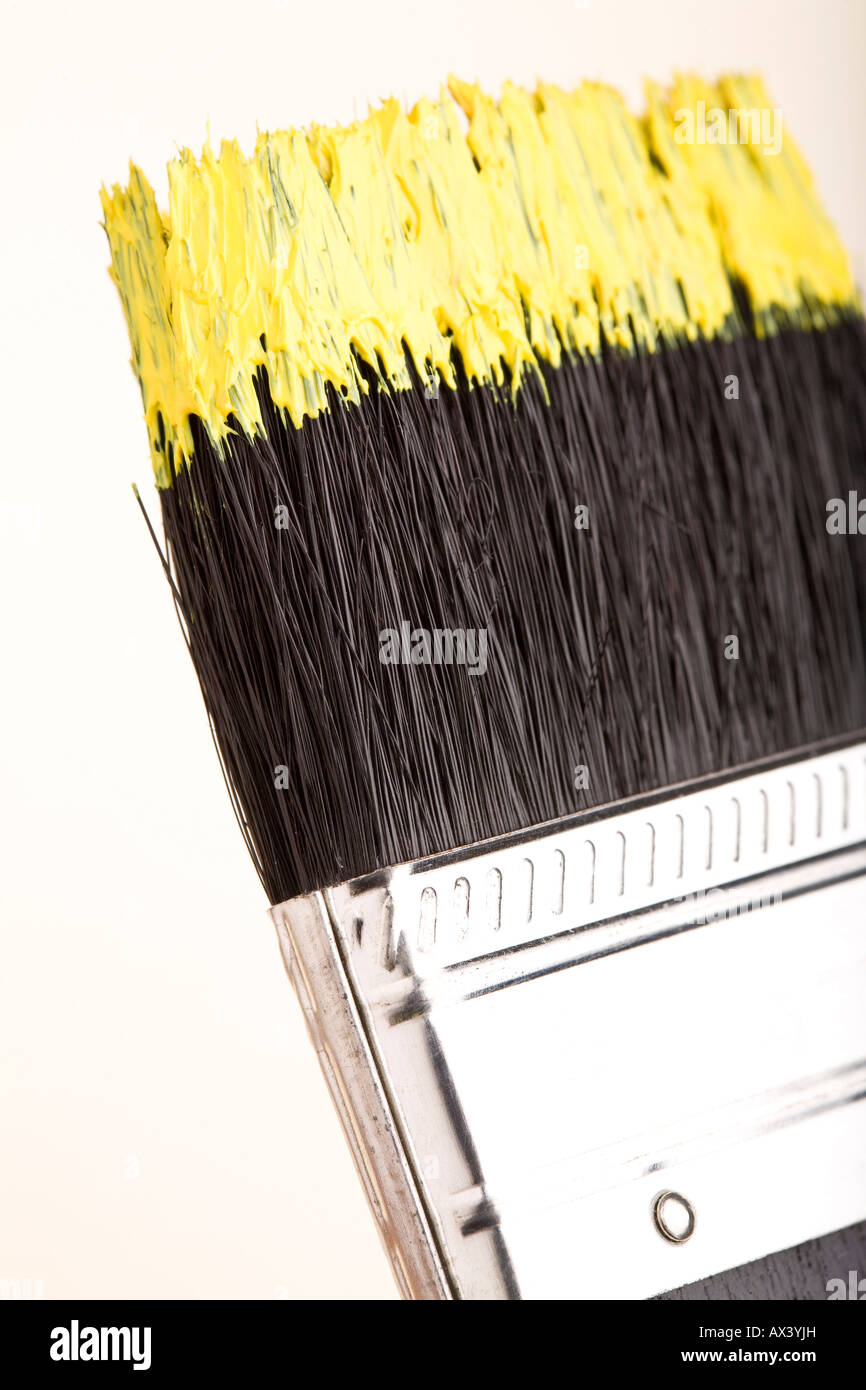brush with yellow paint on tip Stock Photo