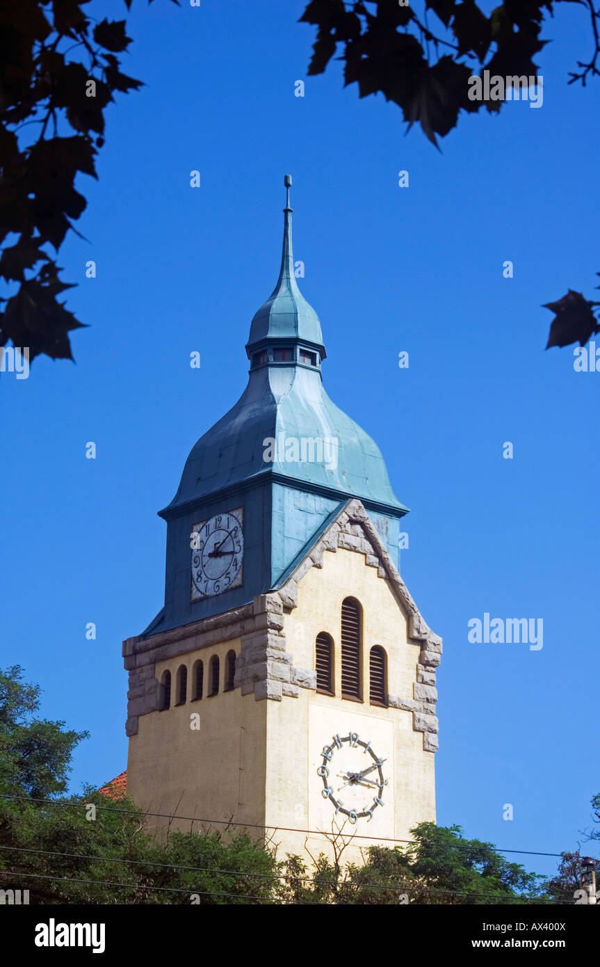 China, Shandong Province, Qingdao City. A Protestant Church clock tower