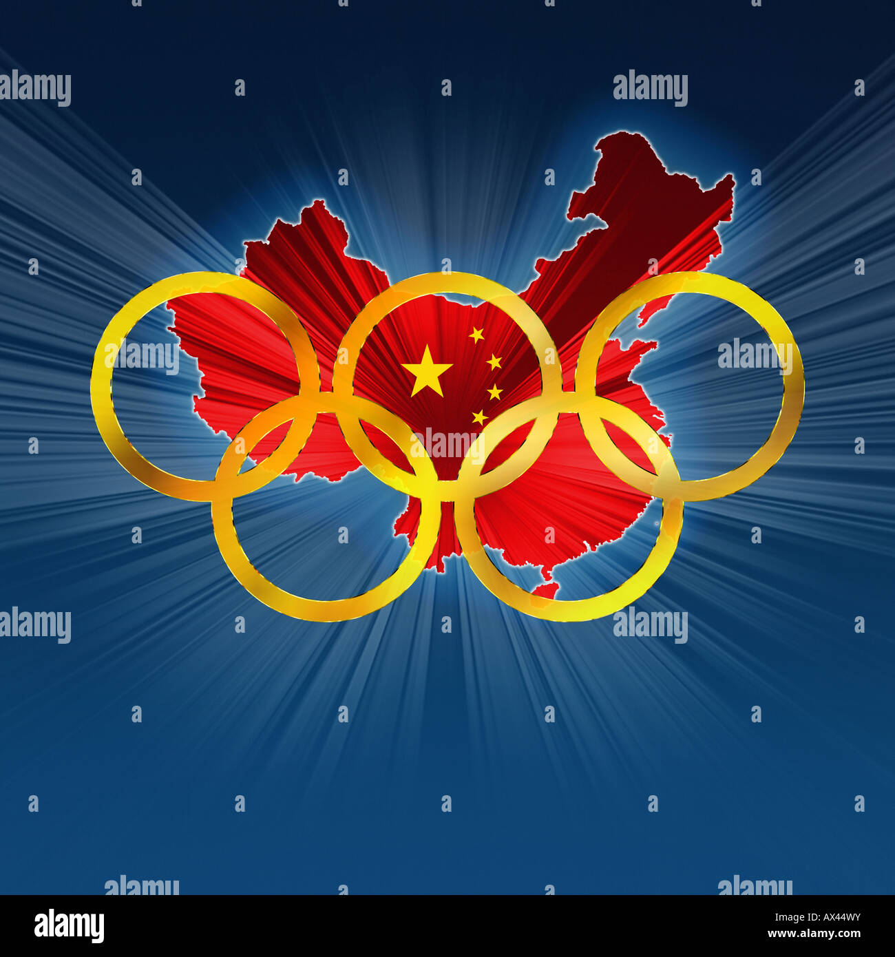 Golden olympic rings over stylized red map of China against a deep blue background Stock Photo