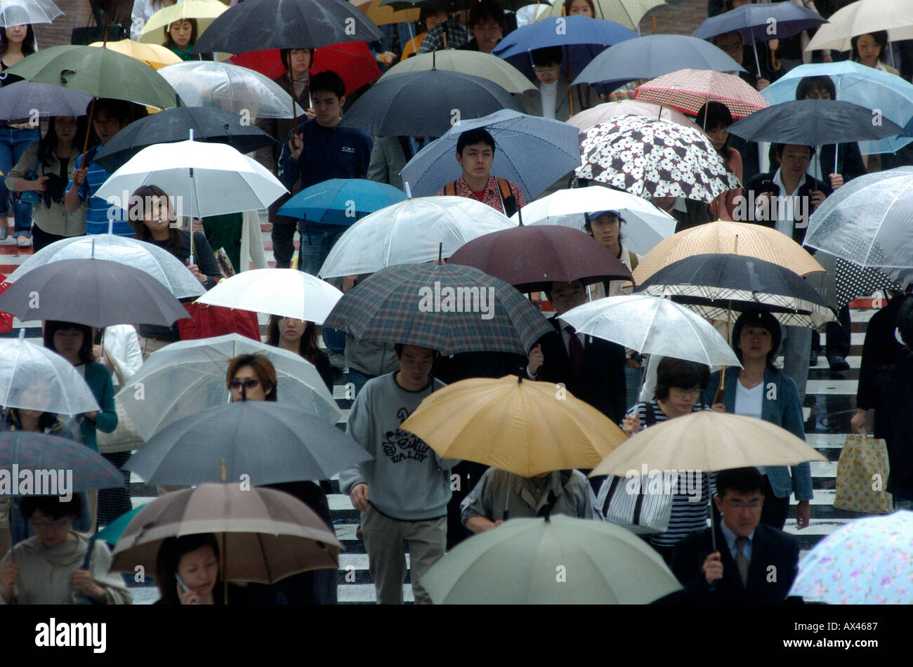 Crowds of workers make their way to work in the rain in Shibuya Tokyo Japan Stock Photo