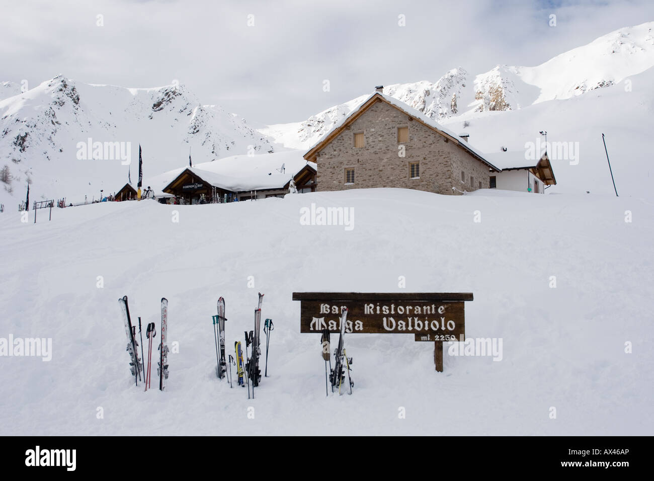 Scorpion bay restaurant at the top of Valbiolo blue piste Passo del Tonale Stock Photo