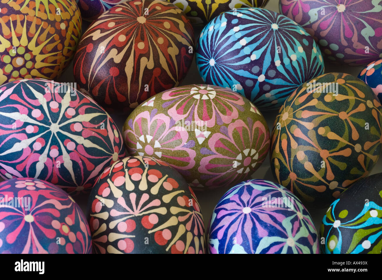 Collection of Easter Eggs (pisanki) decorated using batik method by Krystyna Majewska from Gdansk, Poland Stock Photo